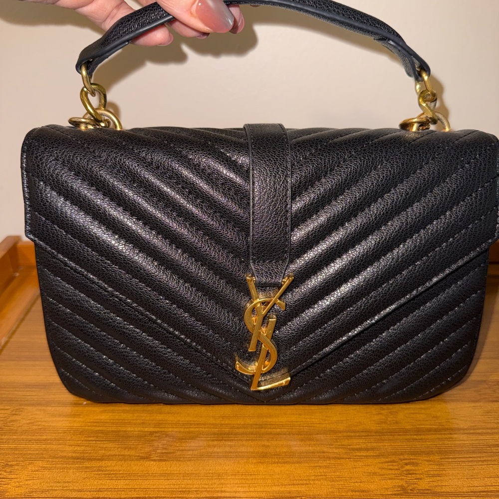 Saint Laurent Black Quilted Chevron Top-Handle Bag with Gold Hardware